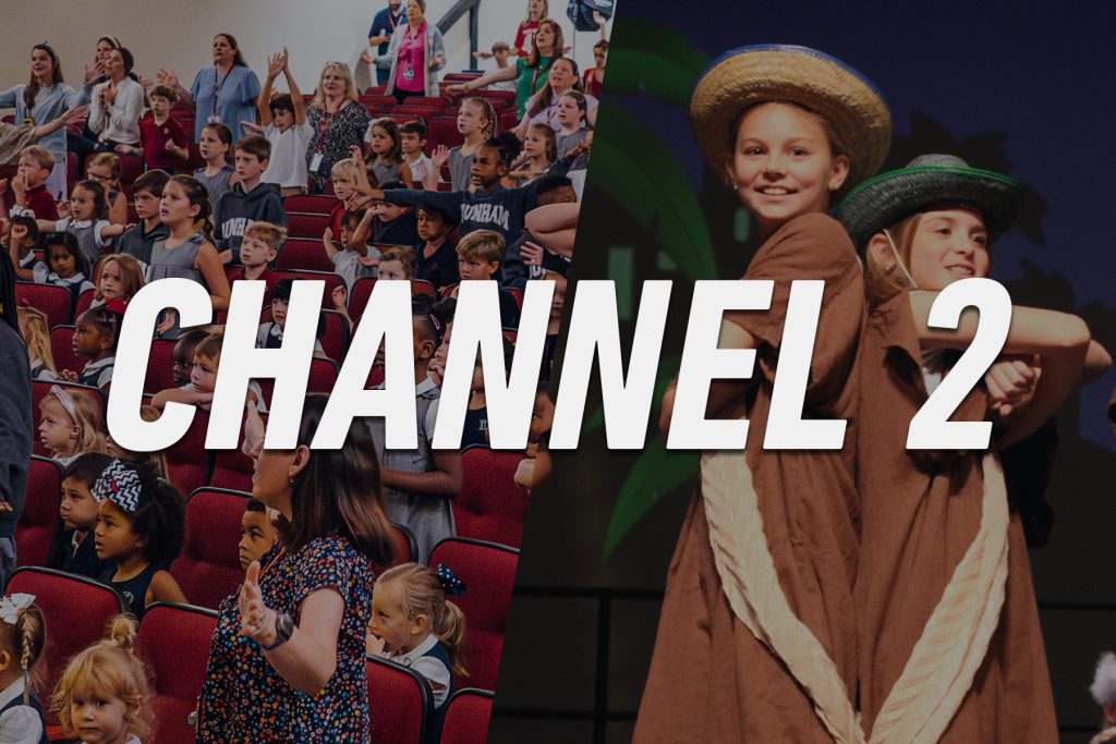 Dunham lower school chapel and two actresses performing in lower school performance.